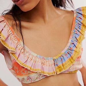 Free People As It Was Ruffle Crop Top Patchwork Floral L NWT